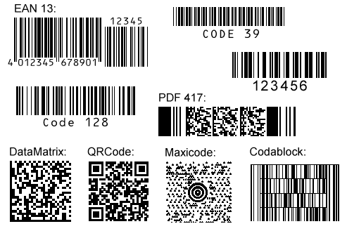 Barcode EAN, Code 39, Code 128, PDF 417,
                        Datamatrix, Maxicode, QR-Code