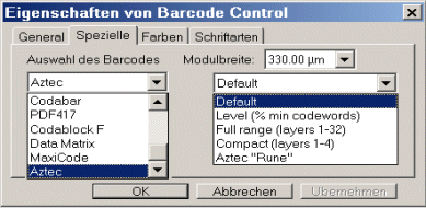 Barcode EAN, Code 39, Code 128, PDF 417, Datamatrix, Maxicode, Aztec