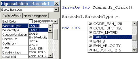 Barcode EAN, Code 39, Code 128, PDF 417, Datamatrix, Maxicode, Aztec