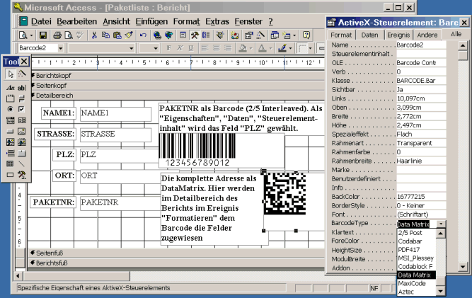 Barcode EAN, Code 39, Code 128, PDF 417, Datamatrix, Maxicode, Aztec
