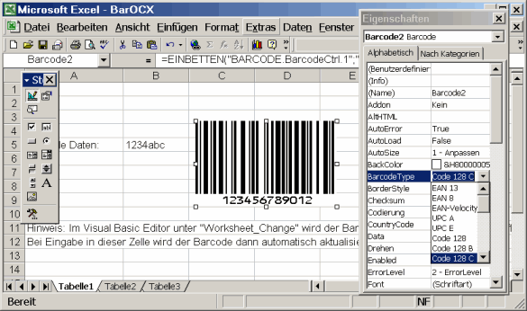 Barcode EAN, Code 39, Code 128, PDF 417, Datamatrix, Maxicode, Aztec