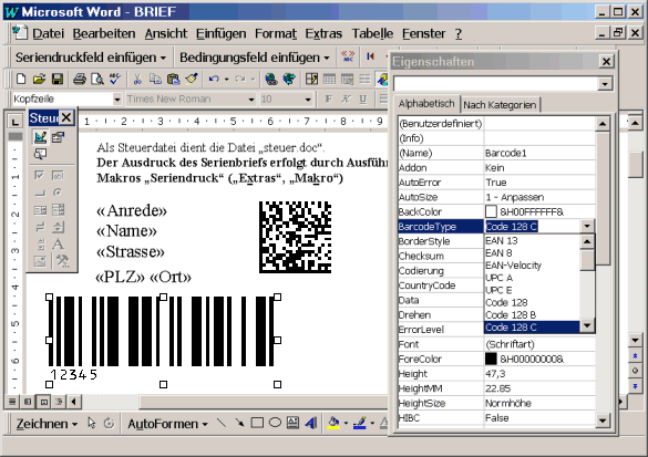Barcode EAN, Code 39, Code 128, PDF 417, Datamatrix, Maxicode, Aztec
