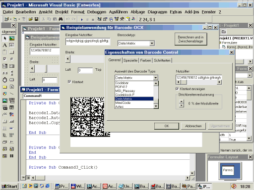 Barcode EAN, Code 39, Code 128, PDF 417, Datamatrix, Maxicode, Aztec